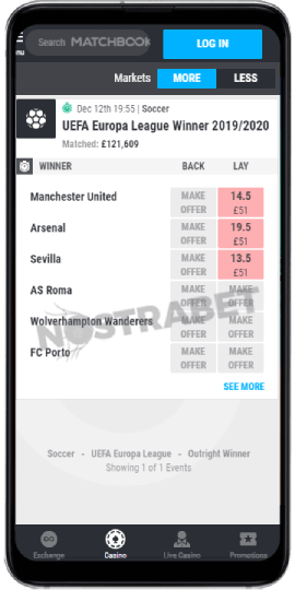 Socer bets in Matchbook Android app