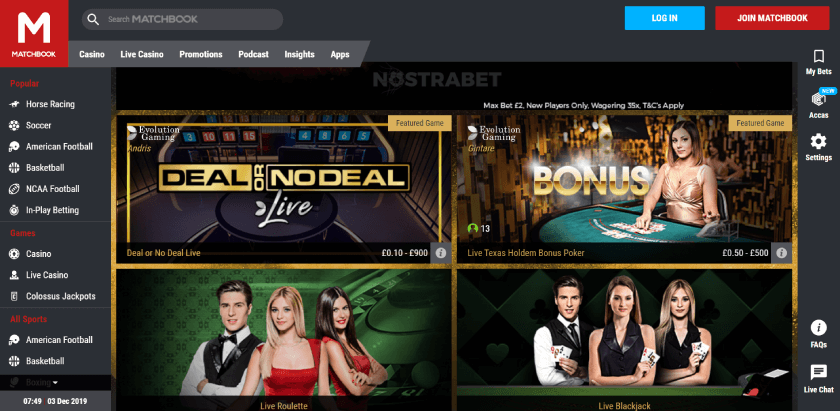 Live casino of Matchbook